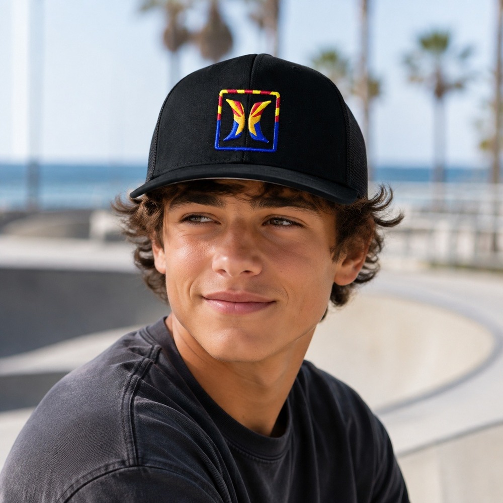 Hurley Mens Black Trucker Hat Embroidered Logo Snapback Mesh Cap Yupoong